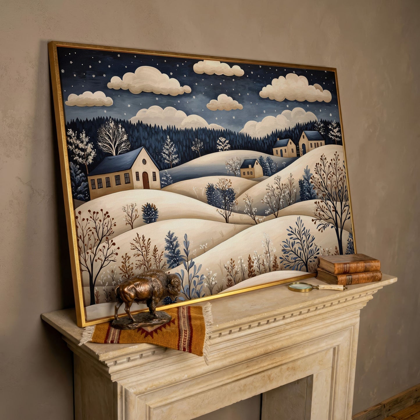 Winter Hills with Houses Canvas Print in rose gold floating frame