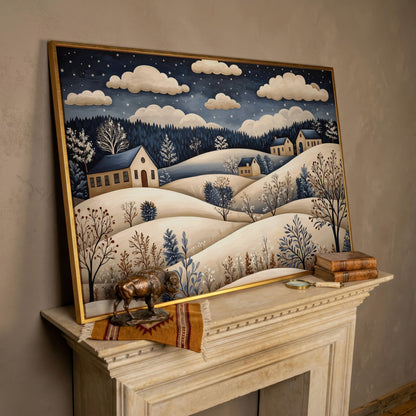 Winter Hills with Houses Canvas Print in rose gold floating frame