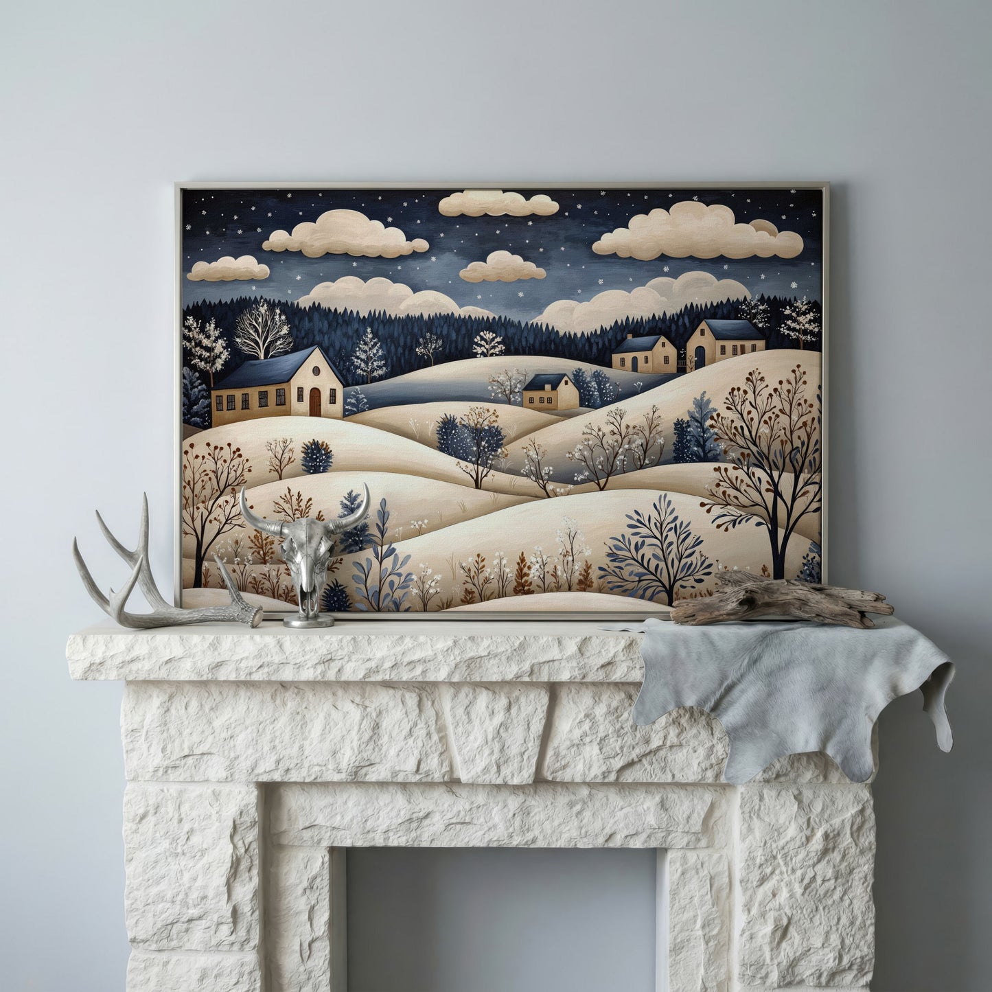 Winter Hills with Houses Canvas Print in silver floating frame