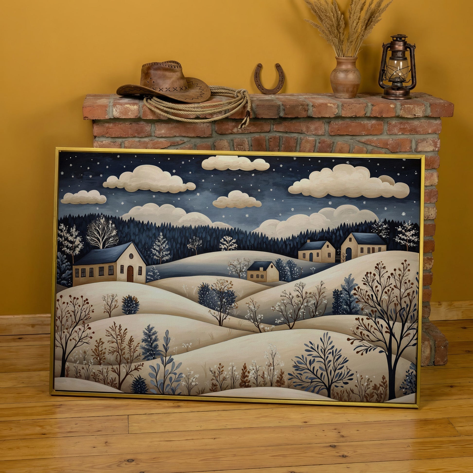 Winter Hills with Houses Canvas Print in yellow gold floating frame