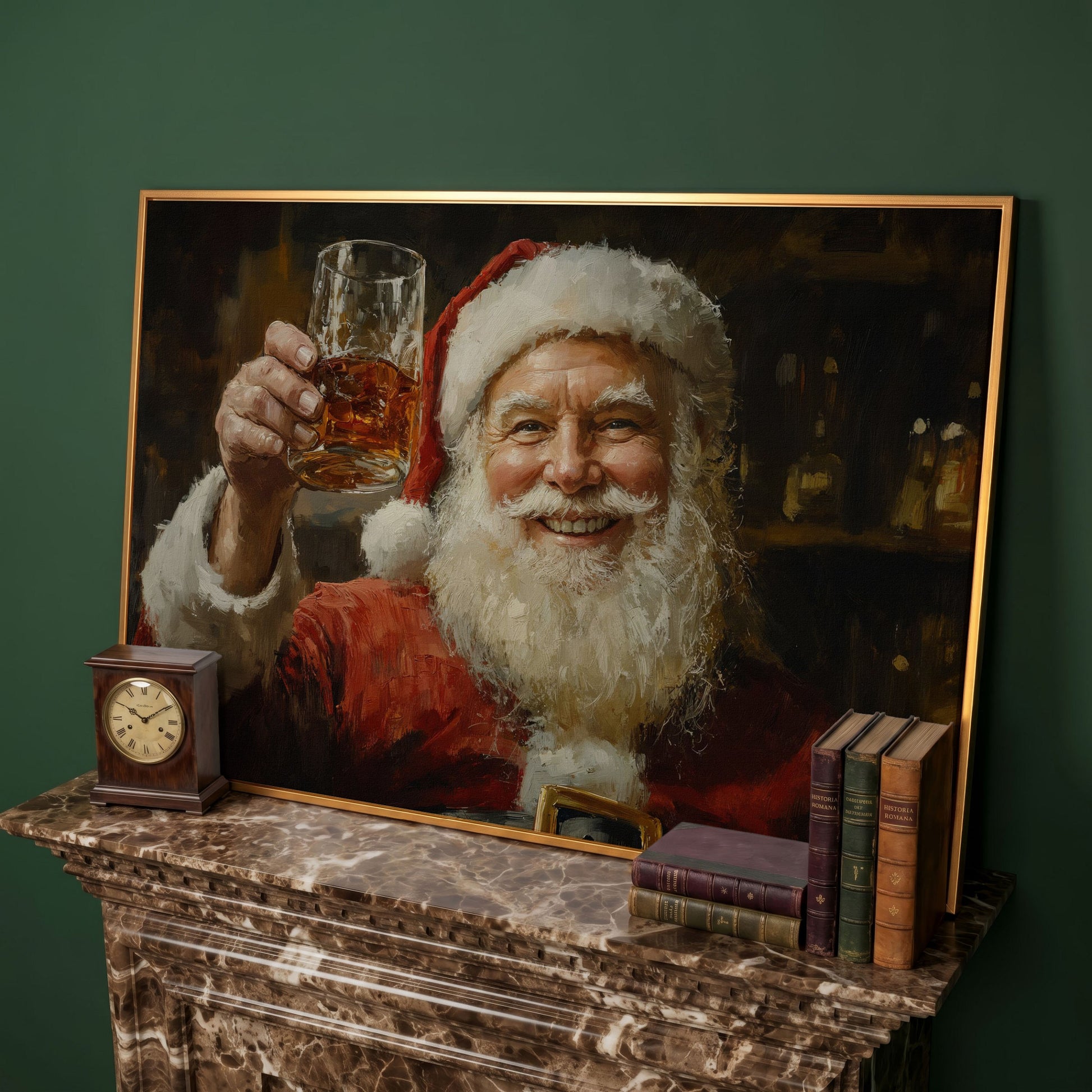 Santa with a Drink Canvas Print in antique gold floating frame