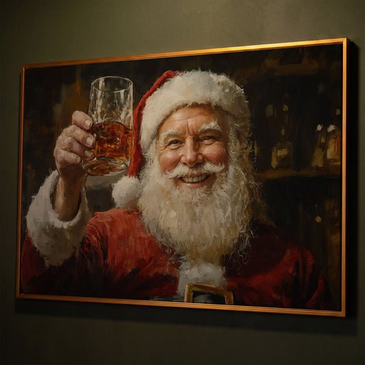 Santa with a Drink Canvas Print shown in antique gold floating frame