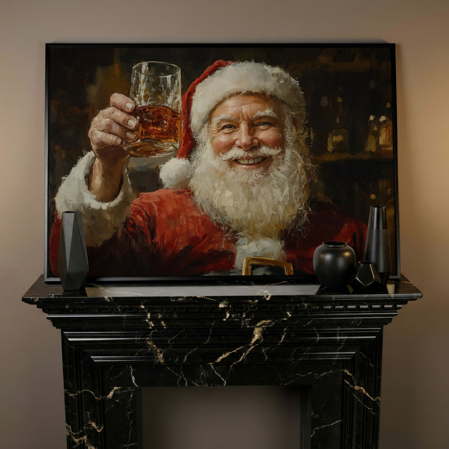 Santa with a Drink Canvas Print in black floating frame