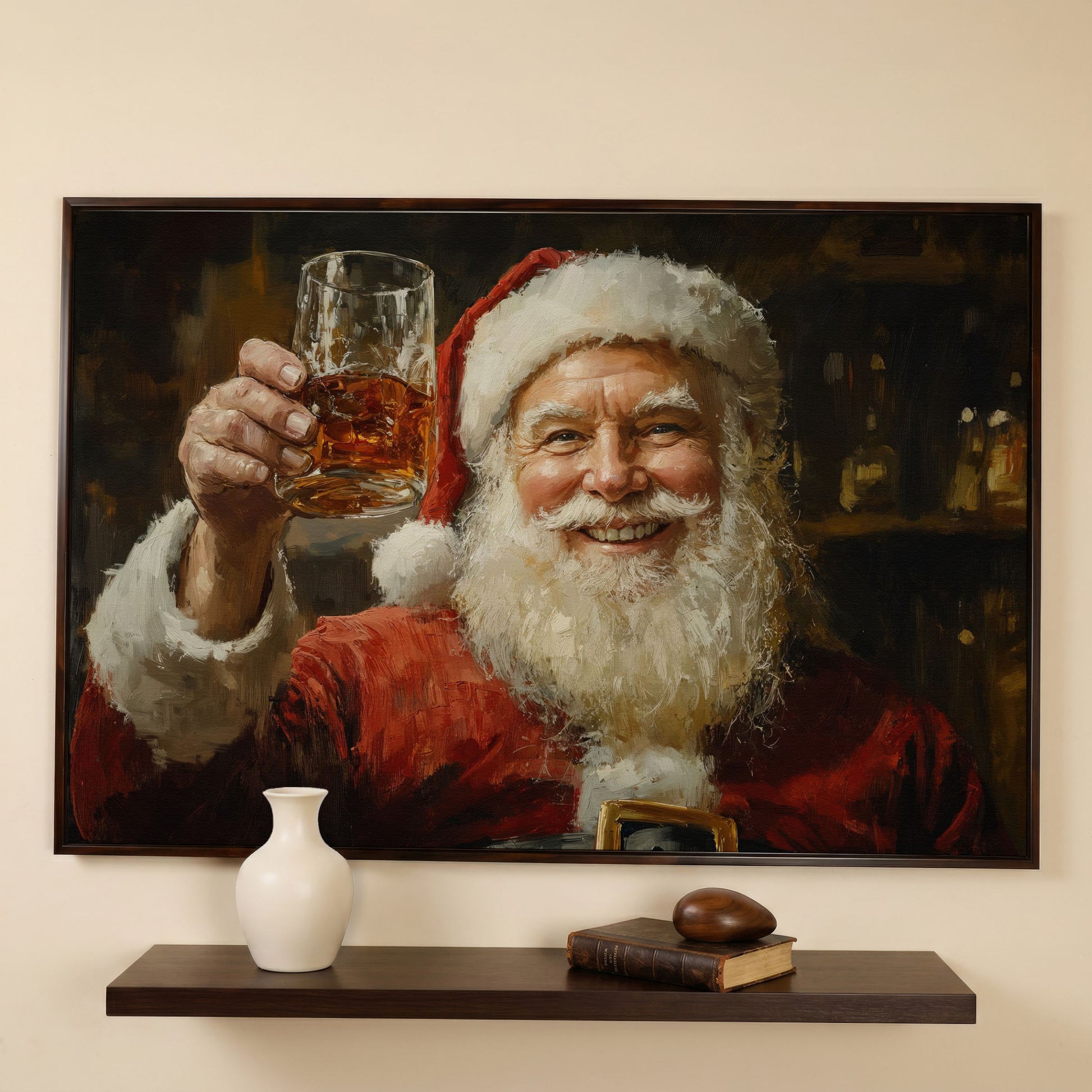 Santa with a Drink Canvas Print in dark walnut floating frame