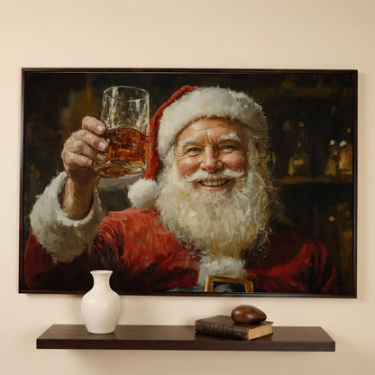 Santa with a Drink Canvas Print in dark walnut floating frame