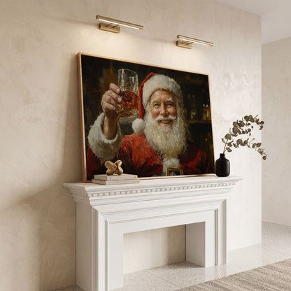 Santa with a Drink Canvas Print in white oak floating frame