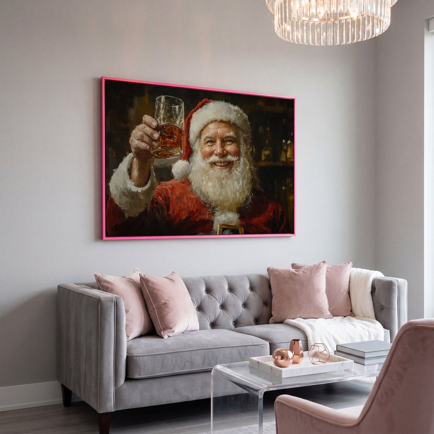 Santa with a Drink Canvas Print in pink floating frame