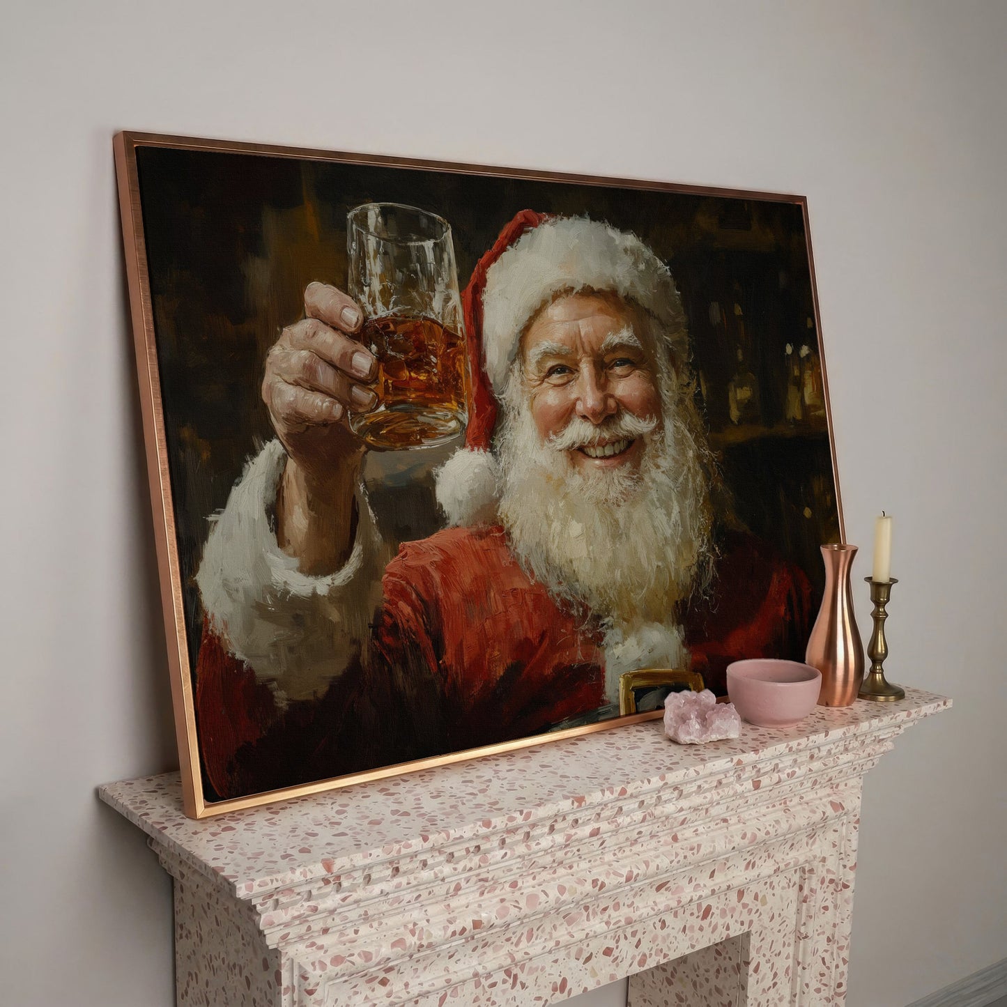 Santa with a Drink Canvas Print in rose gold floating frame