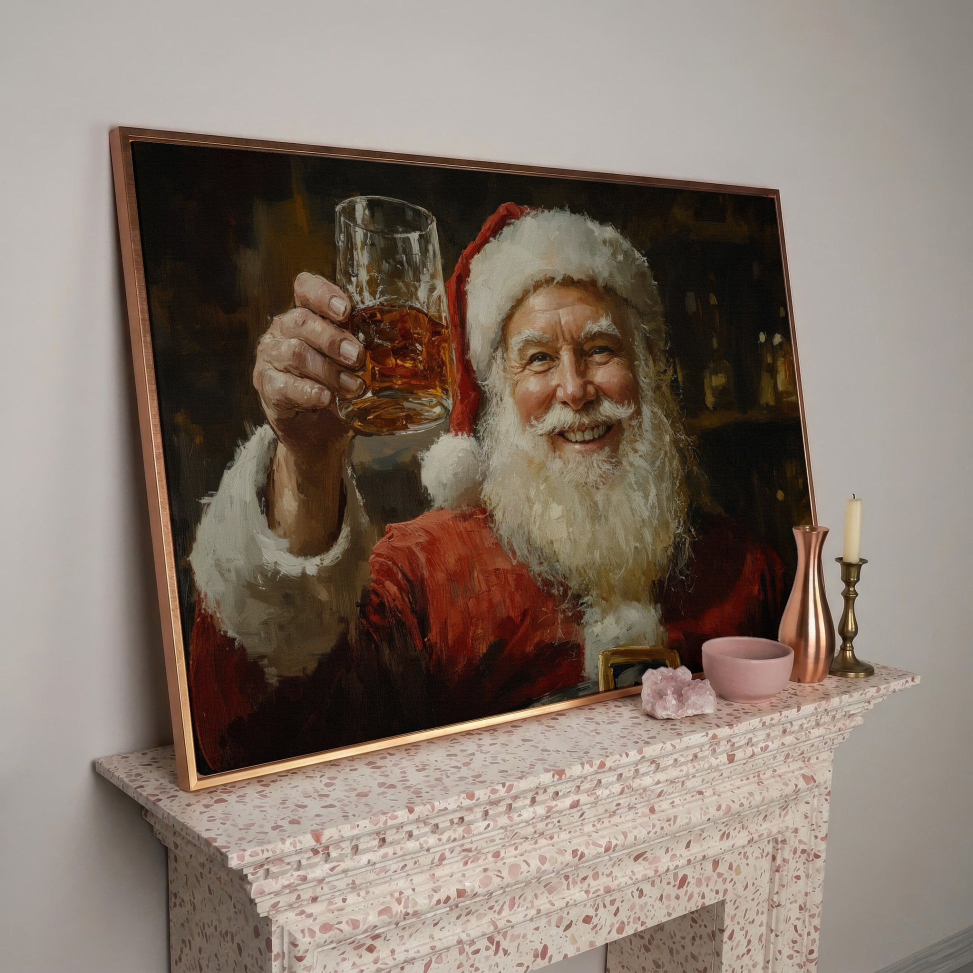 Santa with a Drink Canvas Print in rose gold floating frame