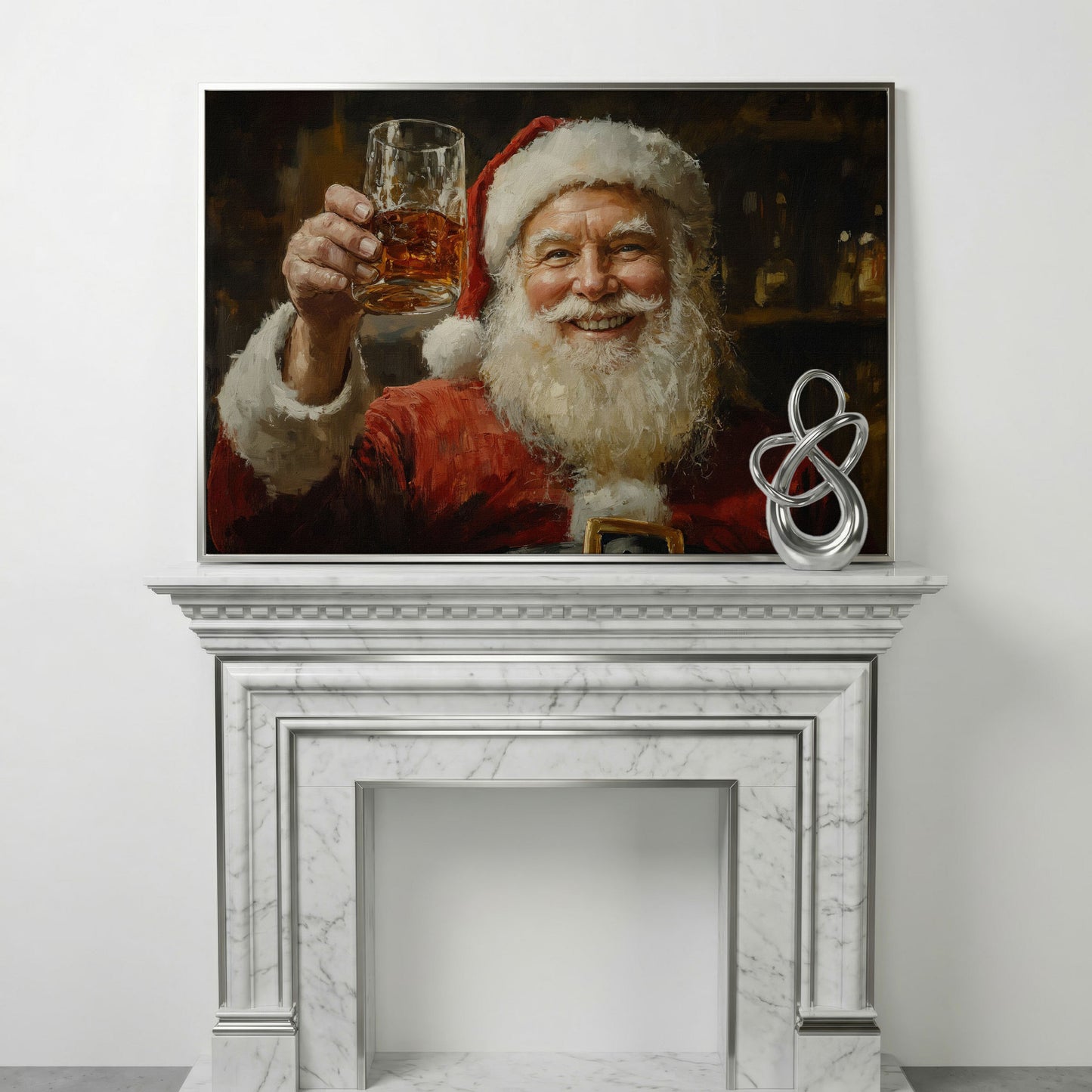 Santa with a Drink Canvas Print in silver floating frame