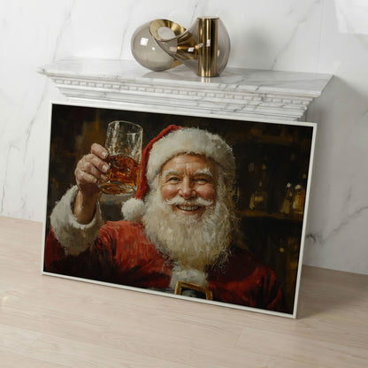 Santa with a Drink Canvas Print in white floating frame