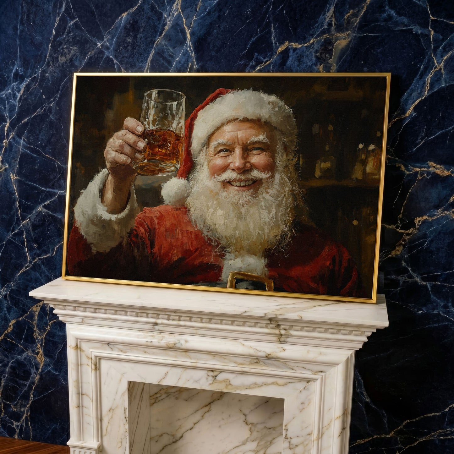 Santa with a Drink Canvas Print in yellow gold floating frame
