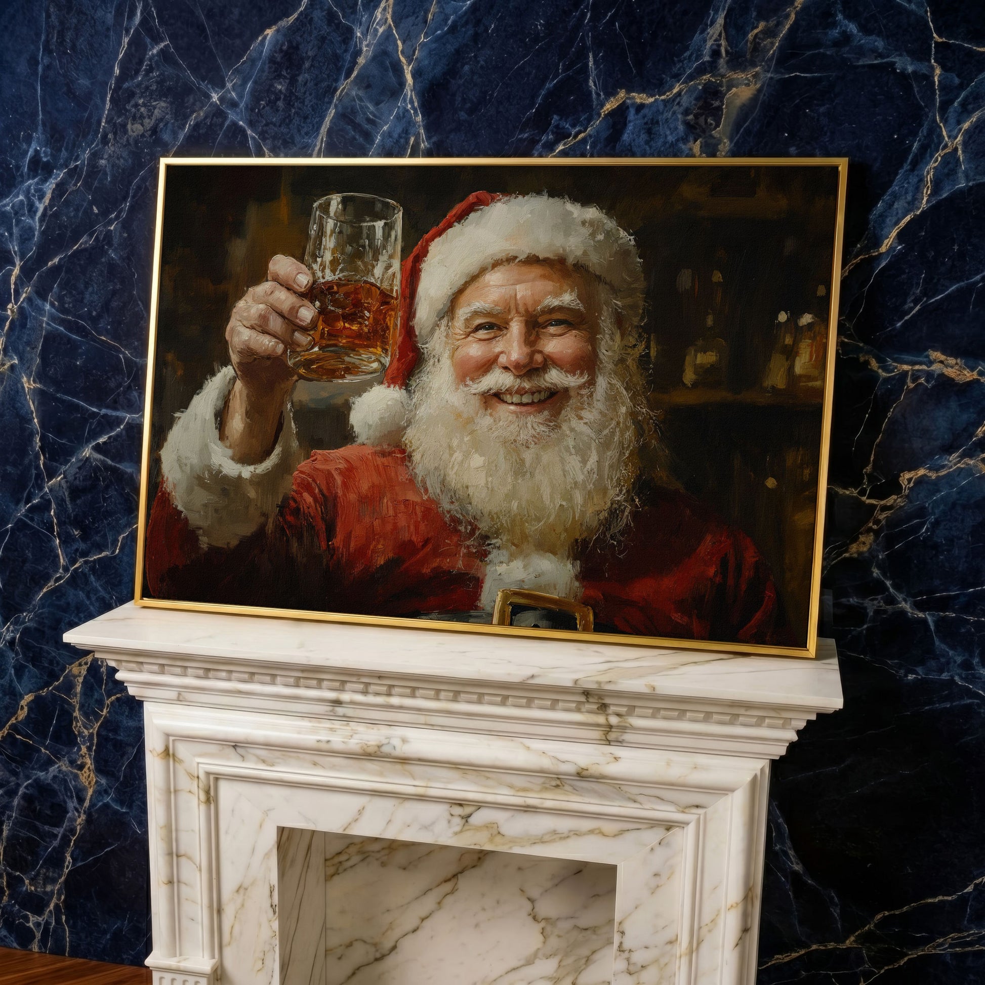 Santa with a Drink Canvas Print in yellow gold floating frame