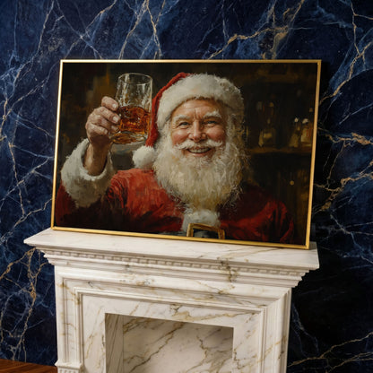 Santa with a Drink Canvas Print in yellow gold floating frame