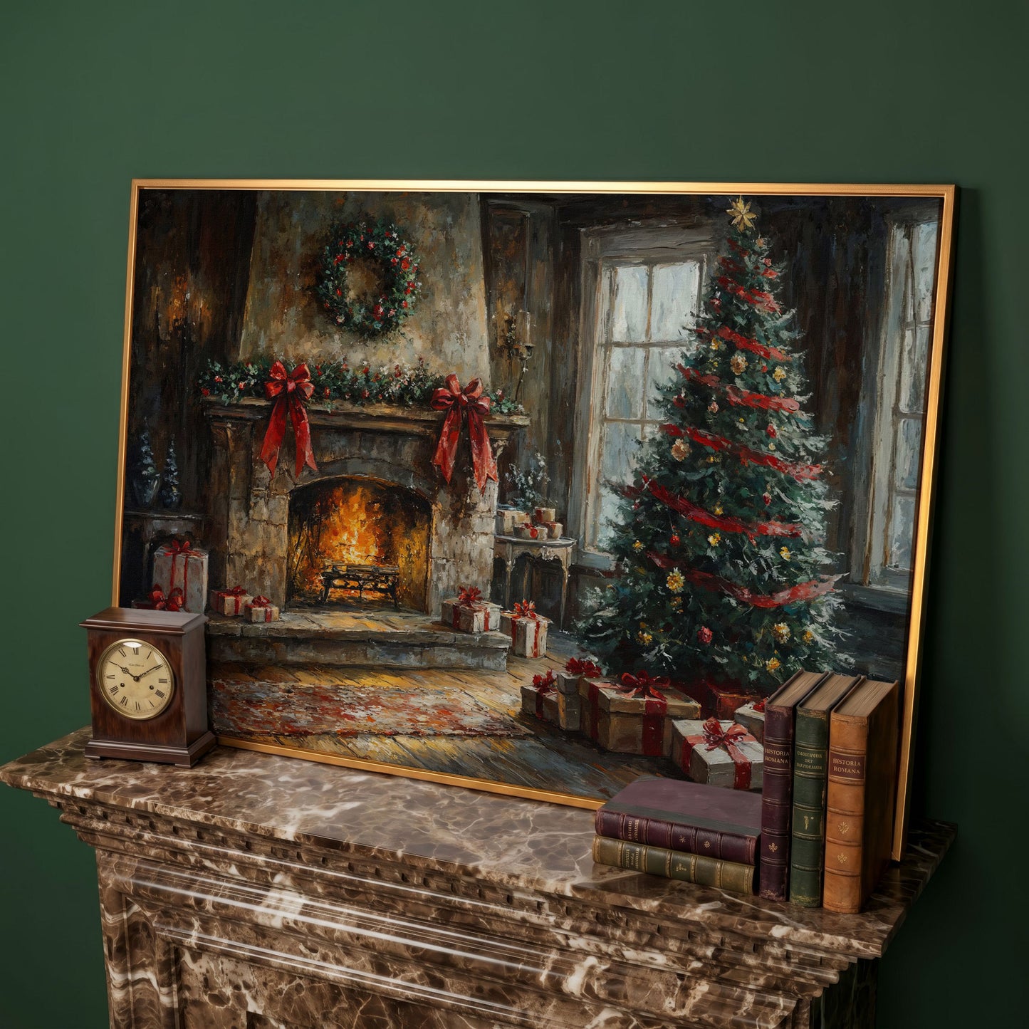 Cozy Fireplace with Garland Canvas Print in antique gold floating frame
