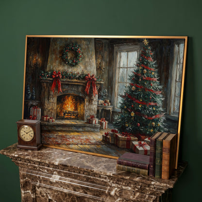 Cozy Fireplace with Garland Canvas Print in antique gold floating frame