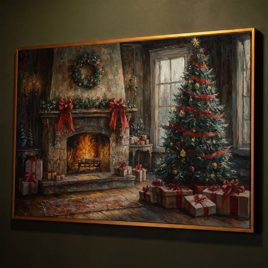 Cozy Fireplace with Garland Canvas Print shown in antique gold floating frame