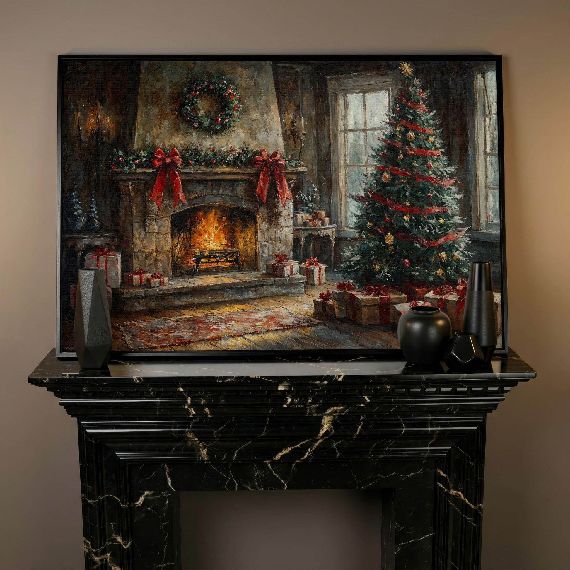 Cozy Fireplace with Garland Canvas Print in black floating frame