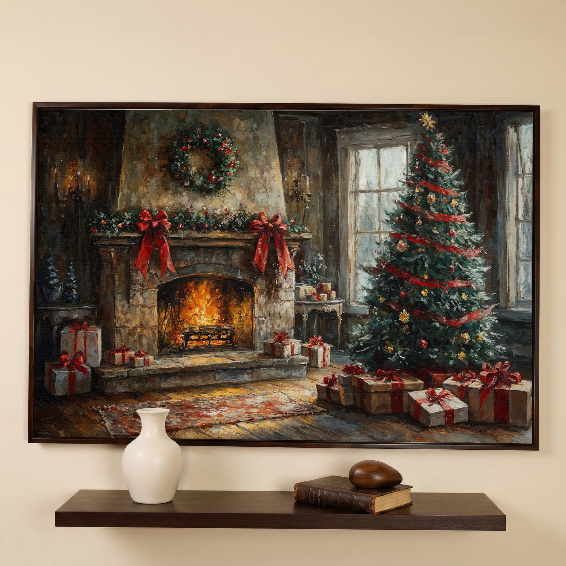 Cozy Fireplace with Garland Canvas Print in dark walnut floating frame
