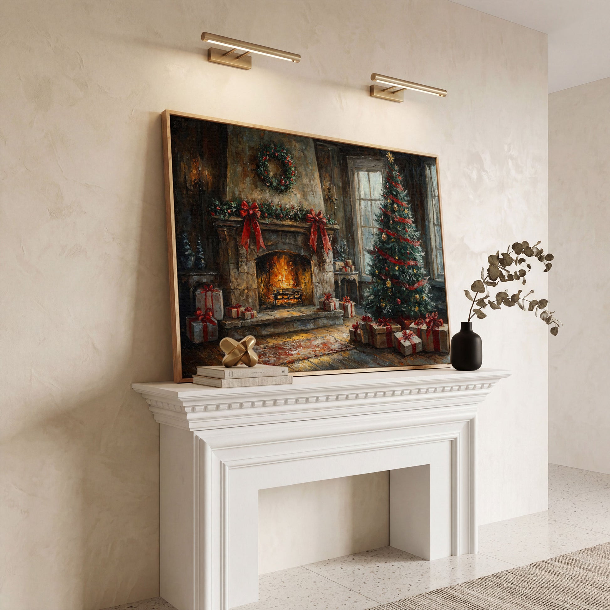 Cozy Fireplace with Garland Canvas Print in white oak floating frame