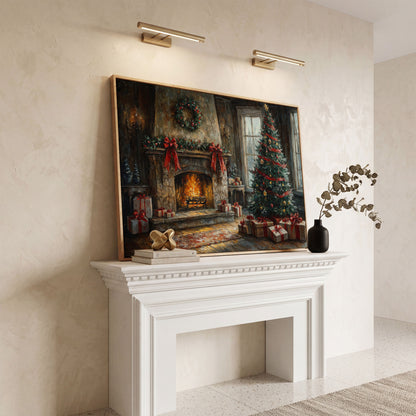 Cozy Fireplace with Garland Canvas Print in white oak floating frame