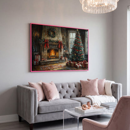 Cozy Fireplace with Garland Canvas Print in pink floating frame