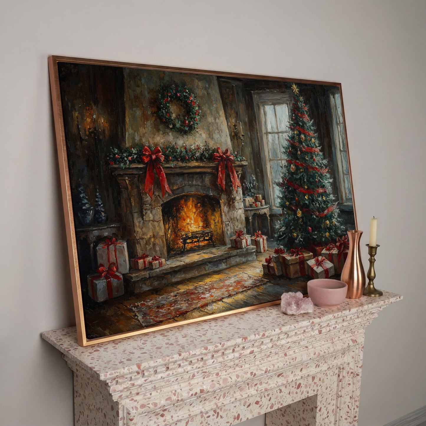 Cozy Fireplace with Garland Canvas Print in rose gold floating frame