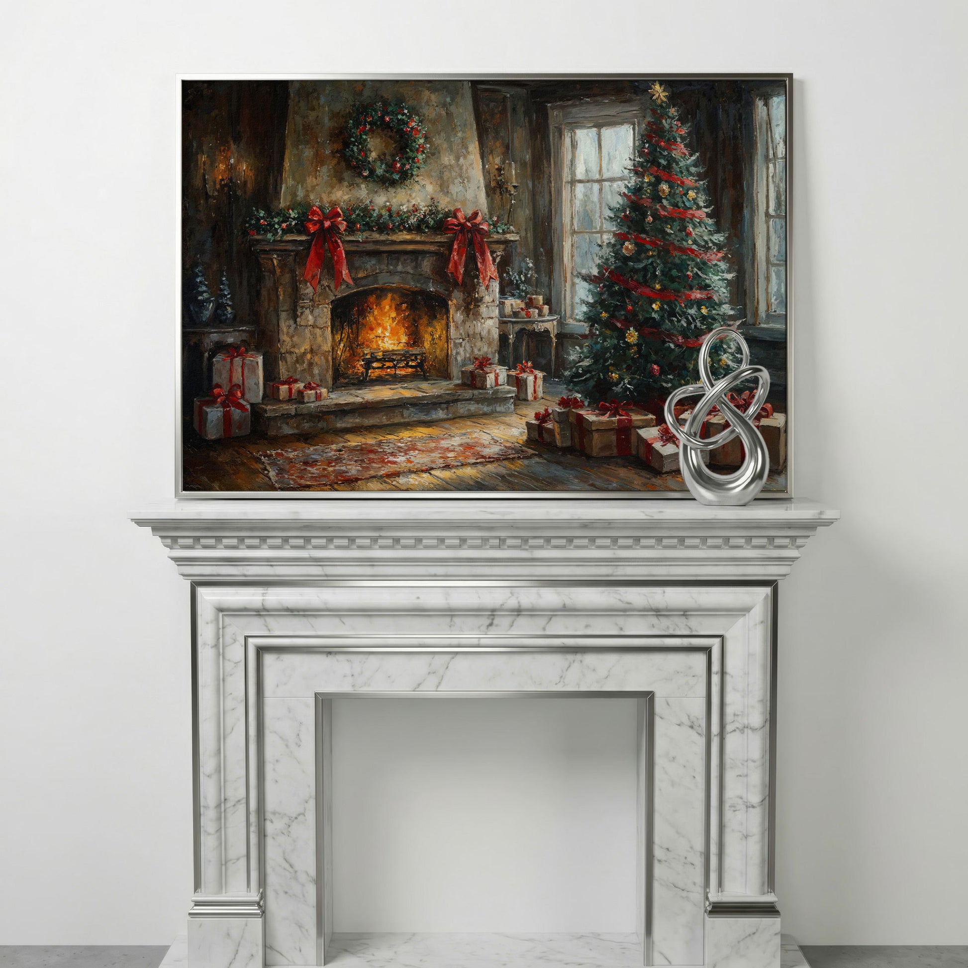 Cozy Fireplace with Garland Canvas Print in silver floating frame