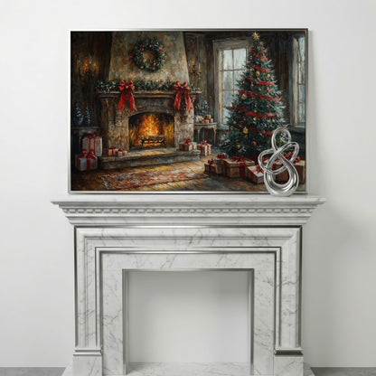Cozy Fireplace with Garland Canvas Print in silver floating frame