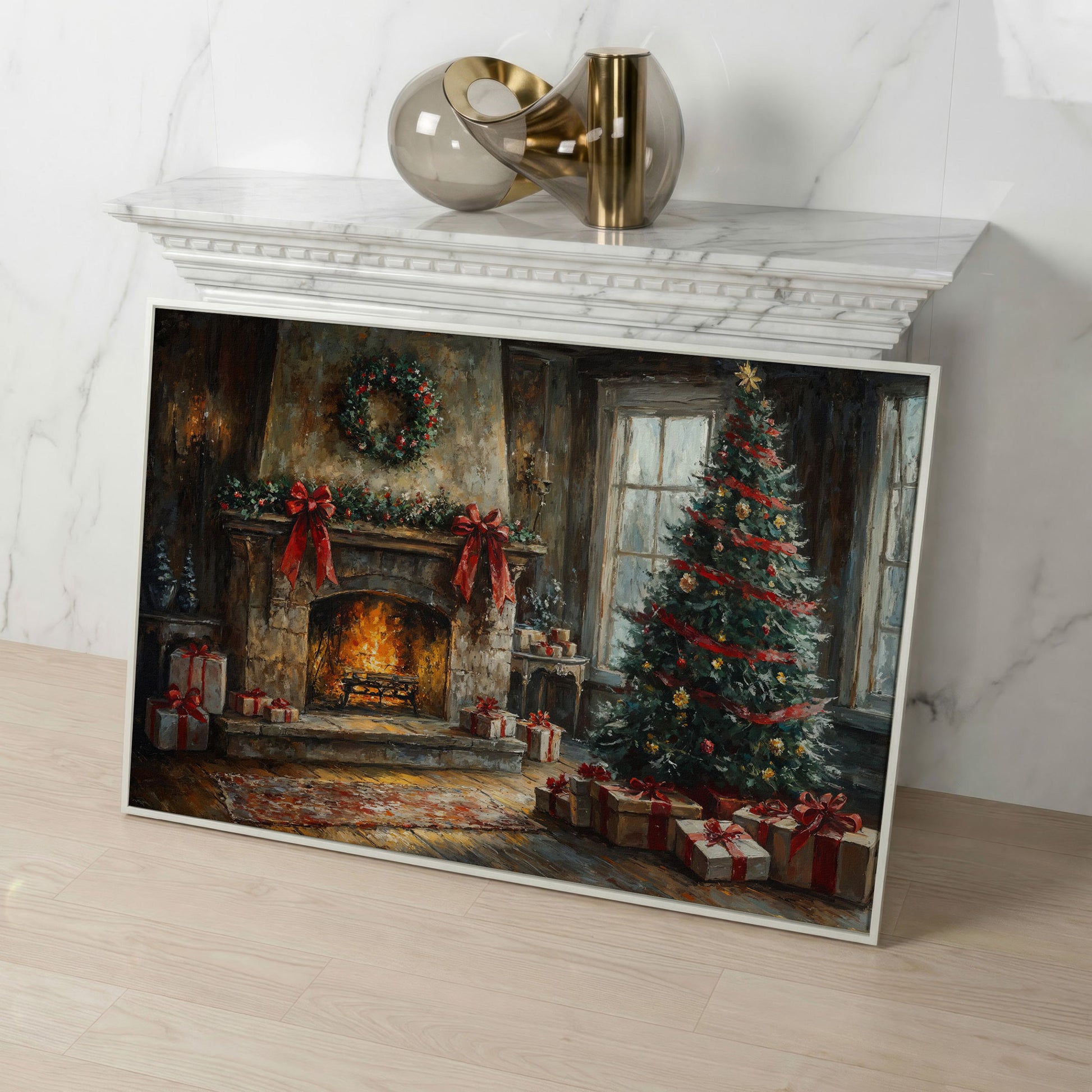 Cozy Fireplace with Garland Canvas Print in white floating frame