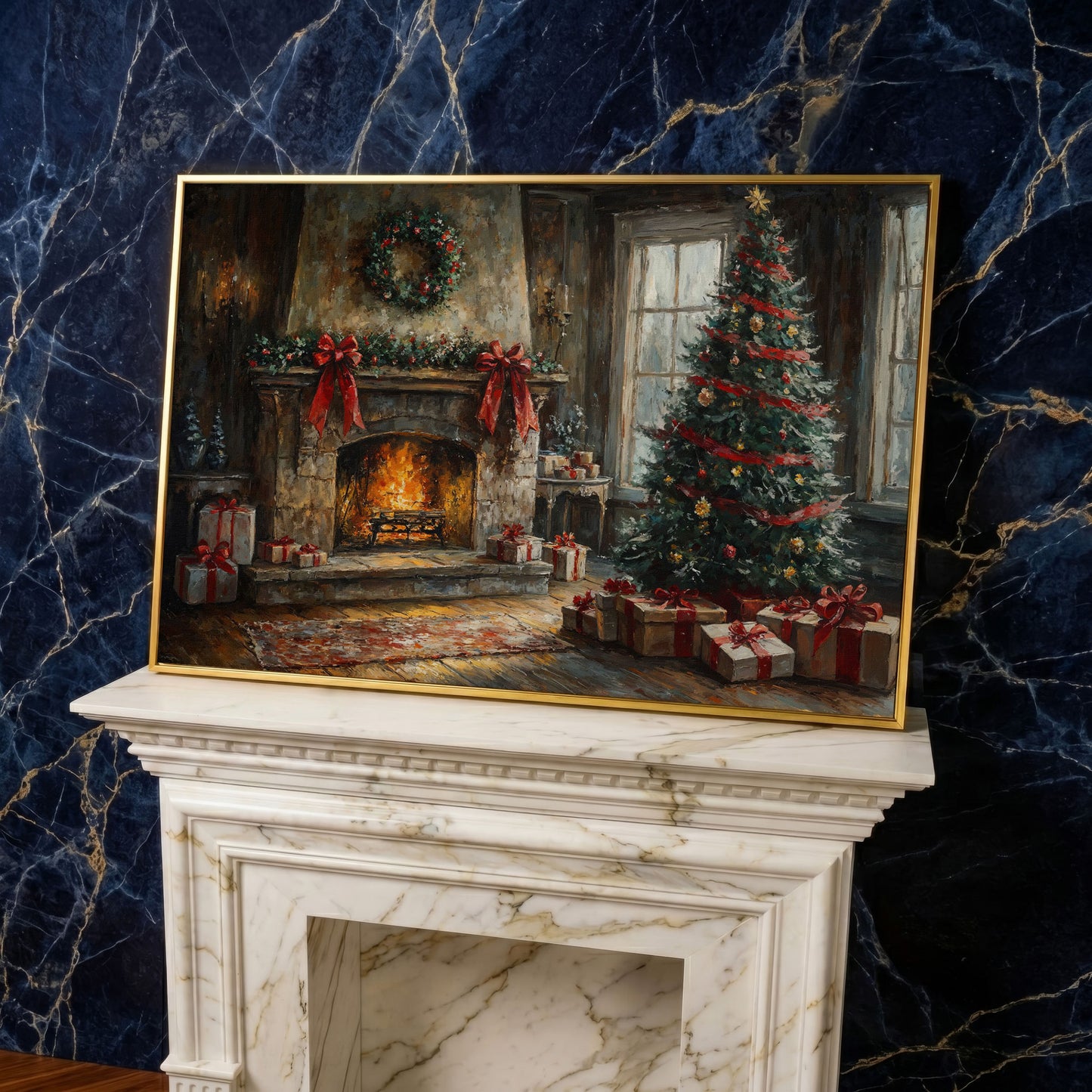 Cozy Fireplace with Garland Canvas Print in yellow gold floating frame