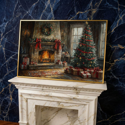 Cozy Fireplace with Garland Canvas Print in yellow gold floating frame