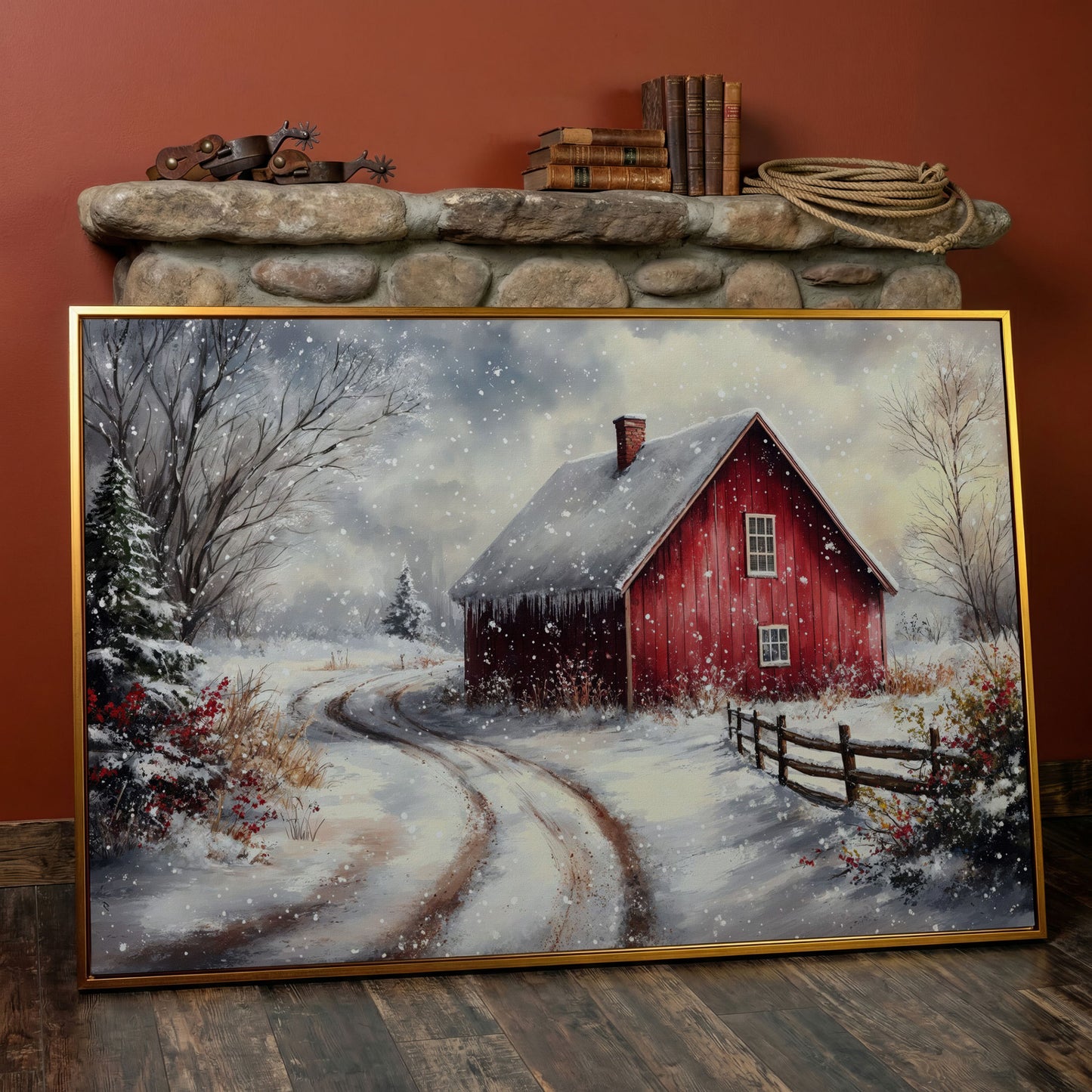 Winter Red Barn Canvas Print with Snowy Path in antique gold floating frame