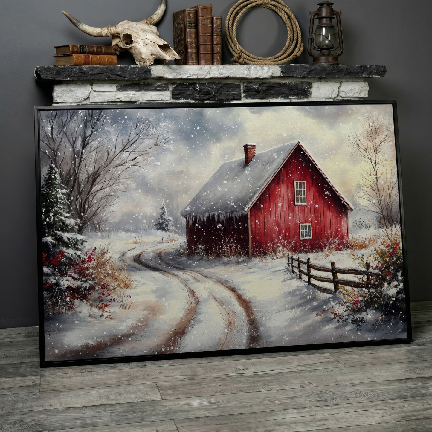 Winter Red Barn Canvas Print with Snowy Path in black floating frame