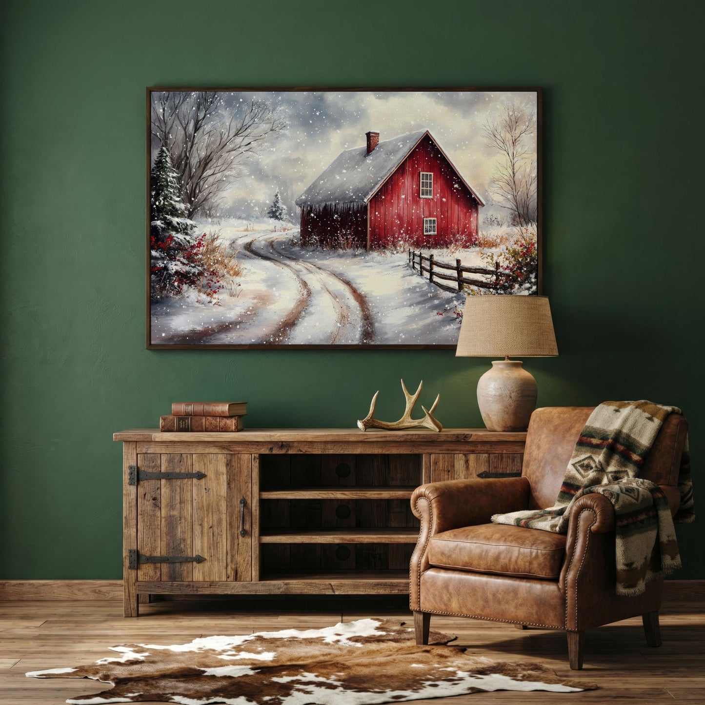 Winter Red Barn Canvas Print with Snowy Path in dark walnut floating frame