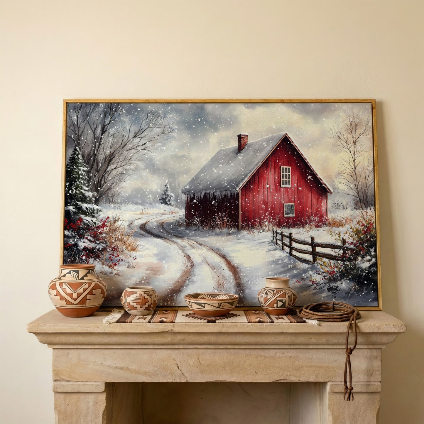 Winter Red Barn Canvas Print with Snowy Path in white oak floating frame