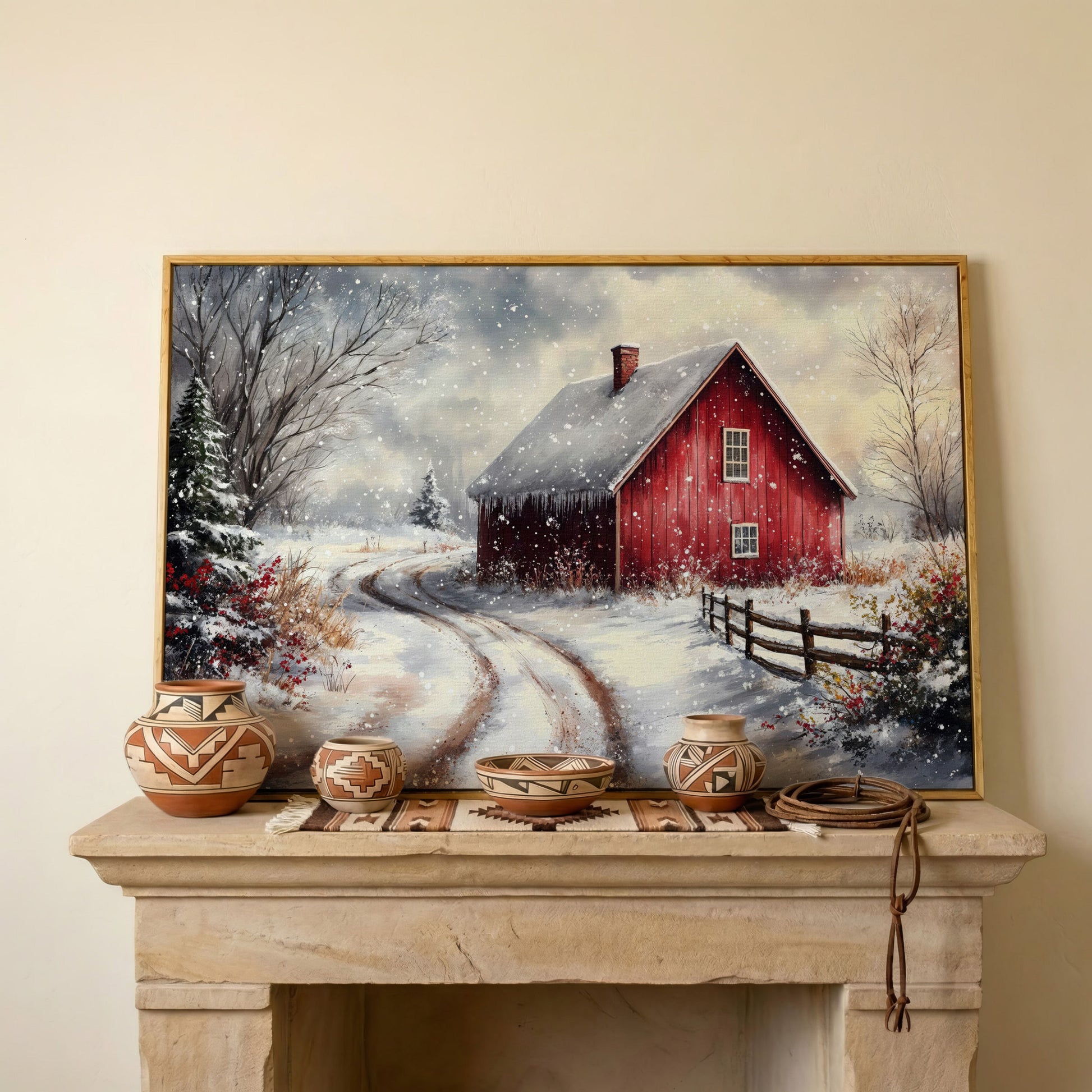 Winter Red Barn Canvas Print with Snowy Path in white oak floating frame