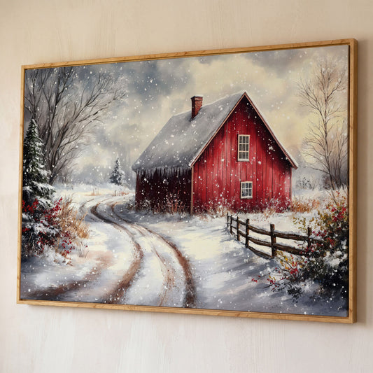 Winter Red Barn Canvas Print with Snowy Path shown in white oak floating frame