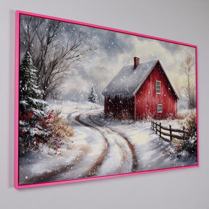 Winter Red Barn Canvas Print with Snowy Path in pink floating frame