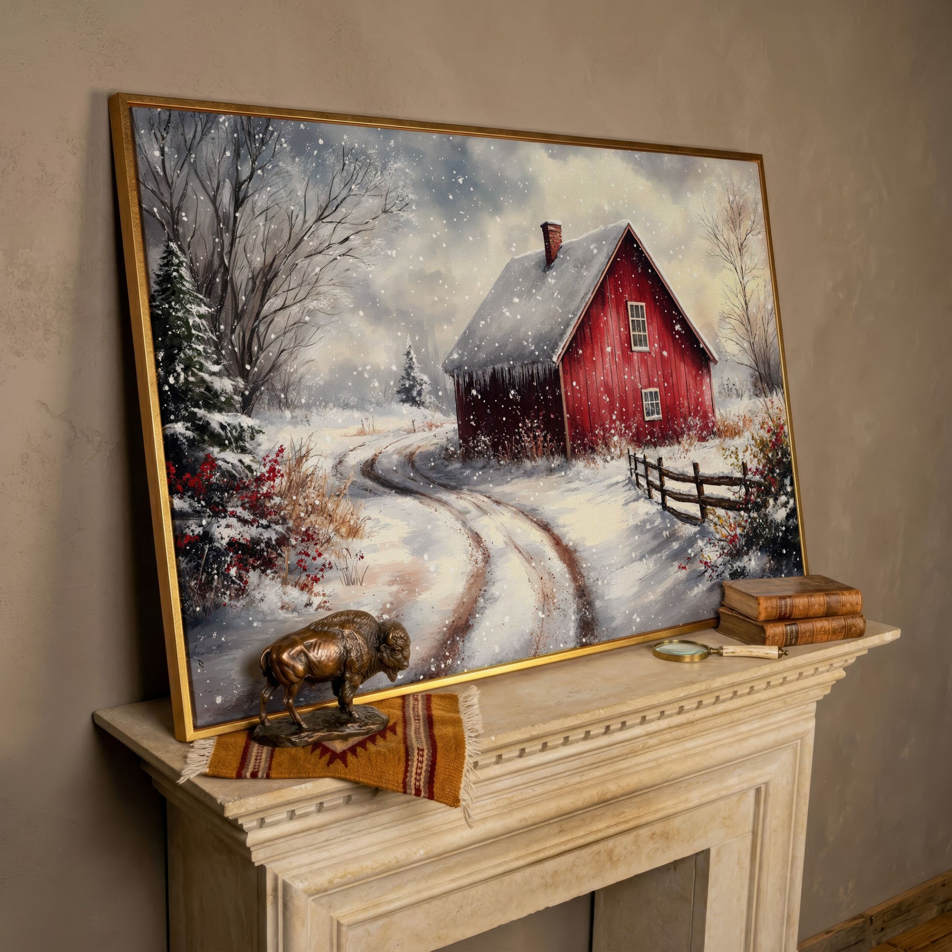 Winter Red Barn Canvas Print with Snowy Path in rose gold floating frame