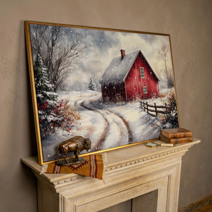 Winter Red Barn Canvas Print with Snowy Path in rose gold floating frame