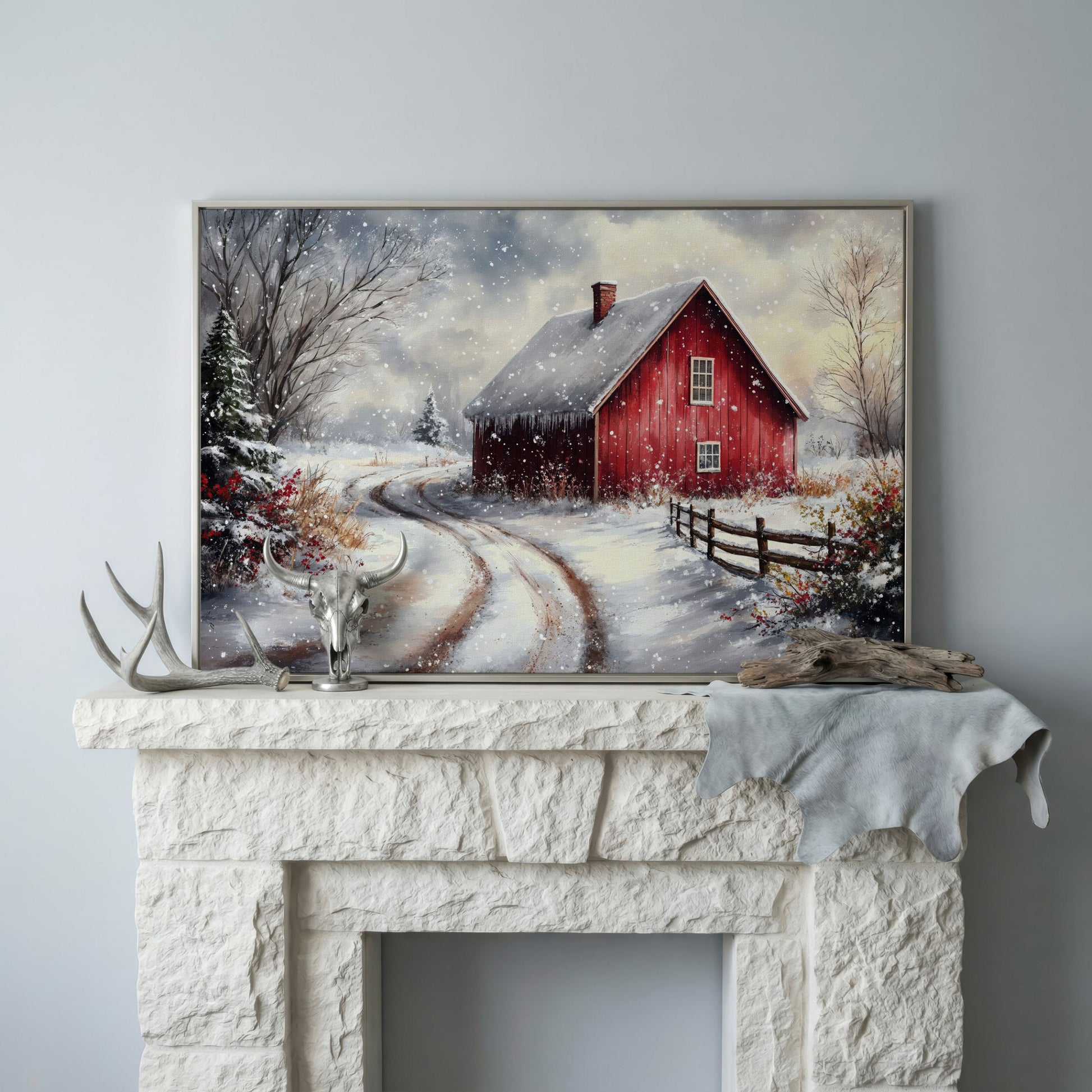 Winter Red Barn Canvas Print with Snowy Path in silver floating frame