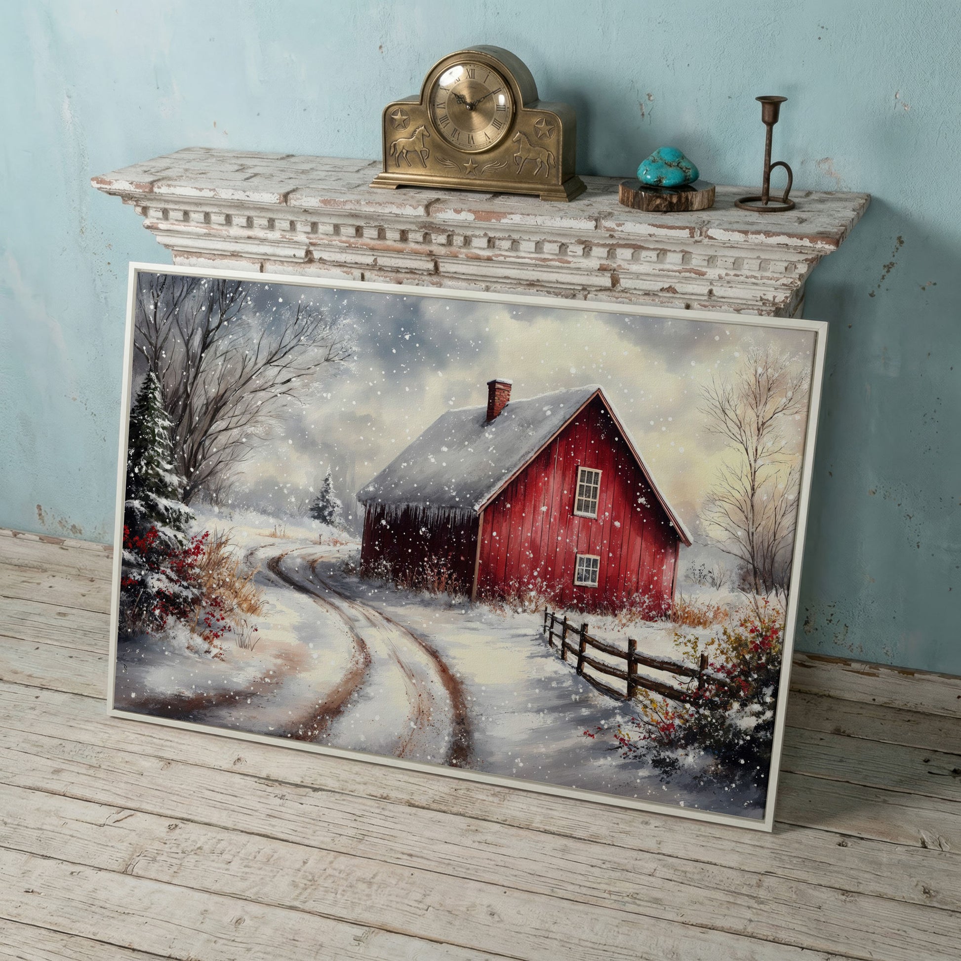 Winter Red Barn Canvas Print with Snowy Path in white floating frame