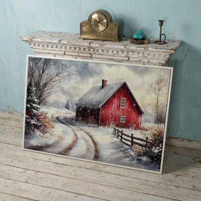 Winter Red Barn Canvas Print with Snowy Path in white floating frame