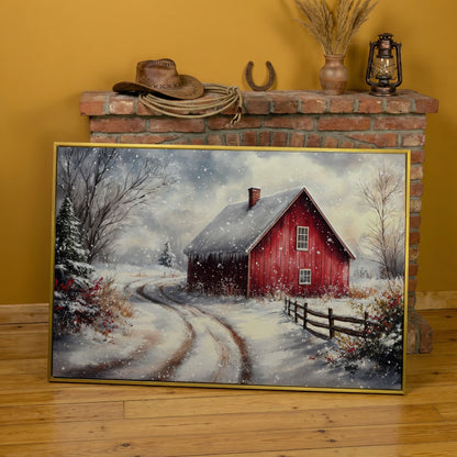 Winter Red Barn Canvas Print with Snowy Path in yellow gold floating frame