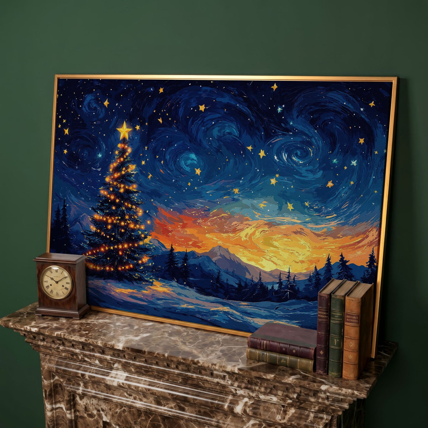 Starry Night Christmas Tree Canvas in antique gold floating frame