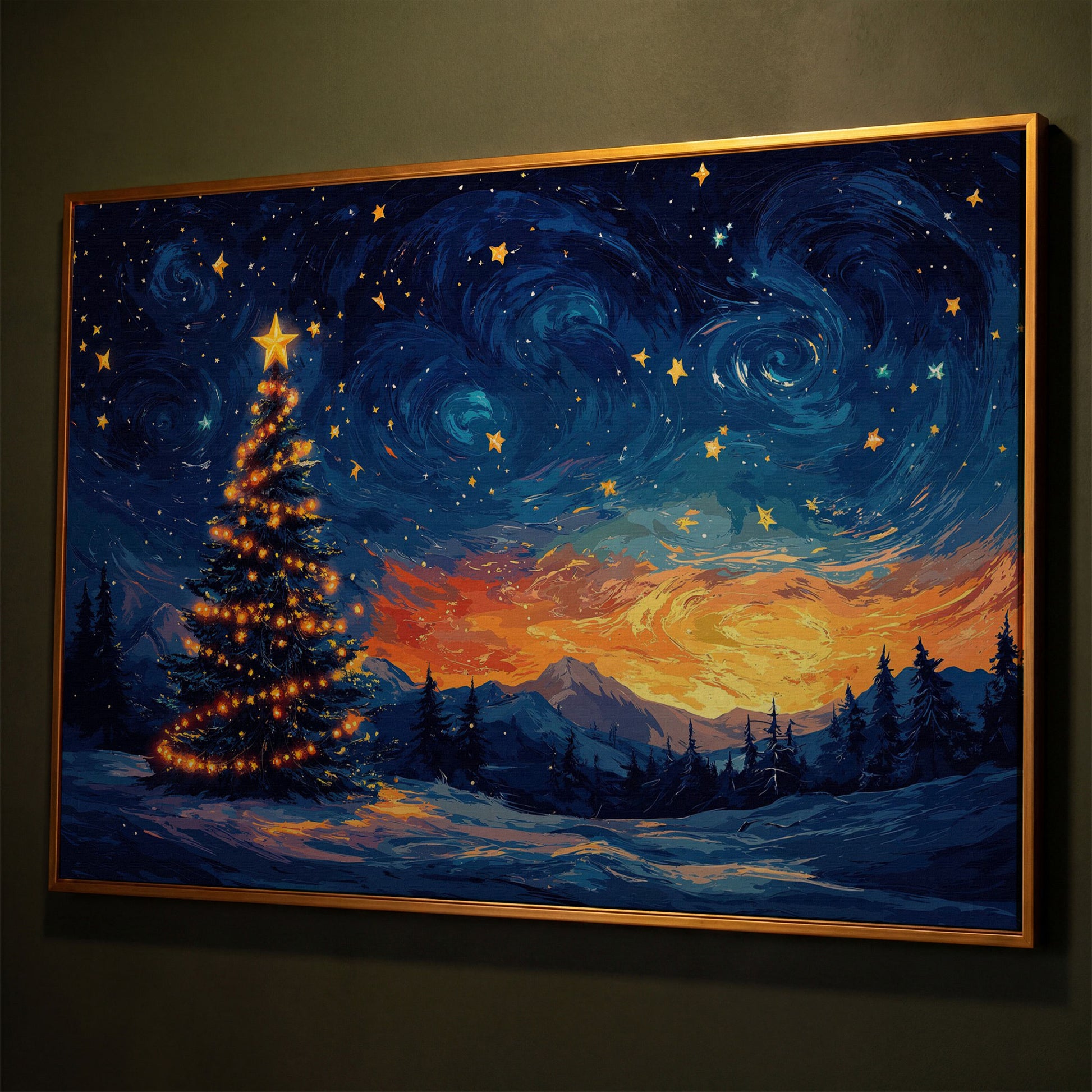 Starry Night Christmas Tree Canvas shown in antique gold floating frame