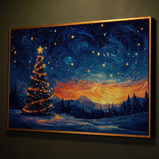 Starry Night Christmas Tree Canvas shown in antique gold floating frame