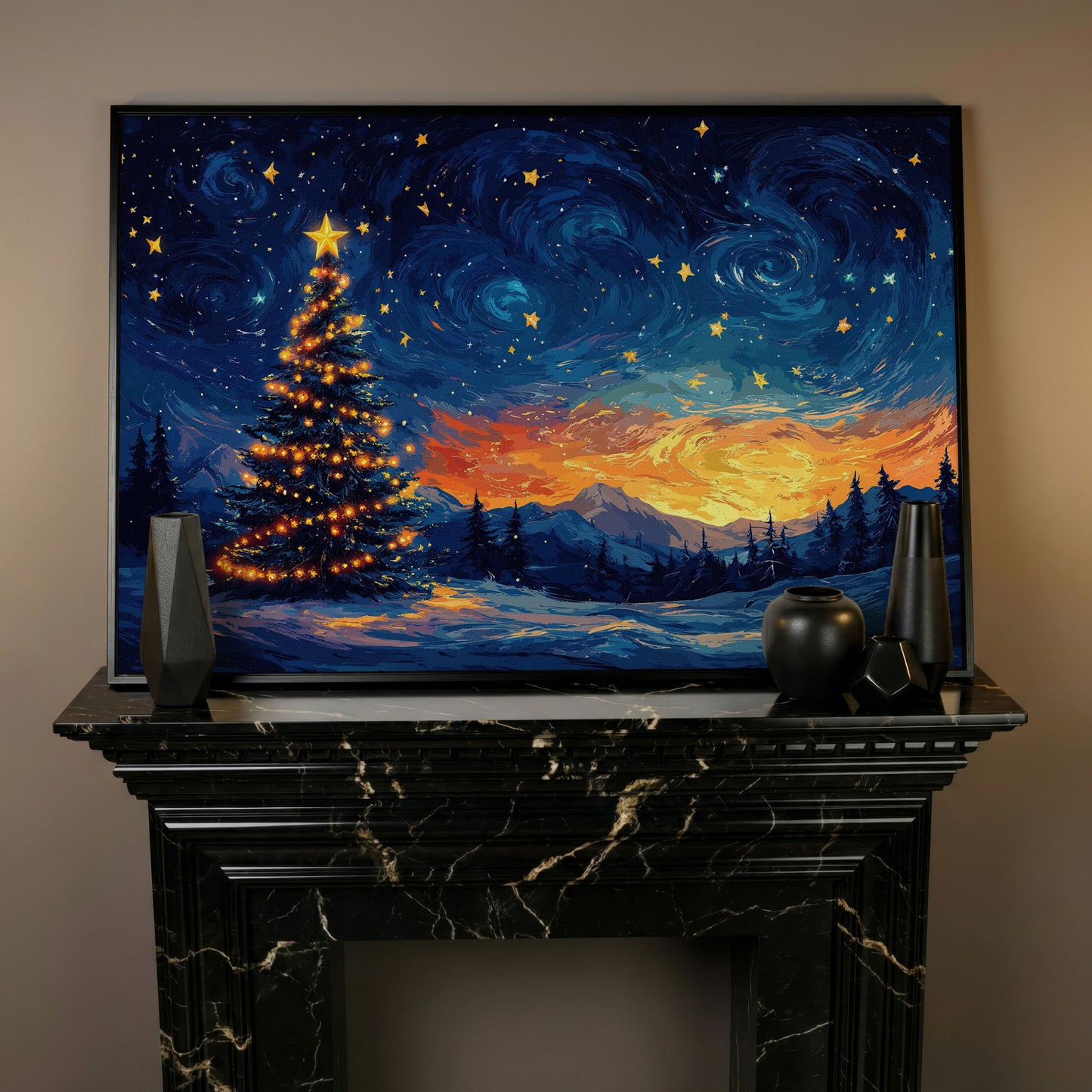 Starry Night Christmas Tree Canvas in black floating frame
