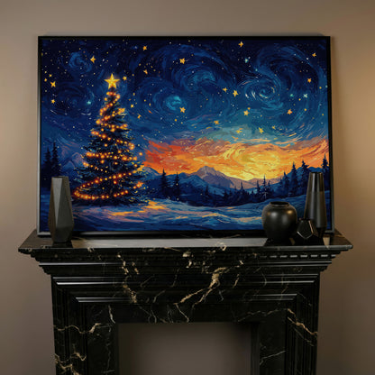 Starry Night Christmas Tree Canvas in black floating frame
